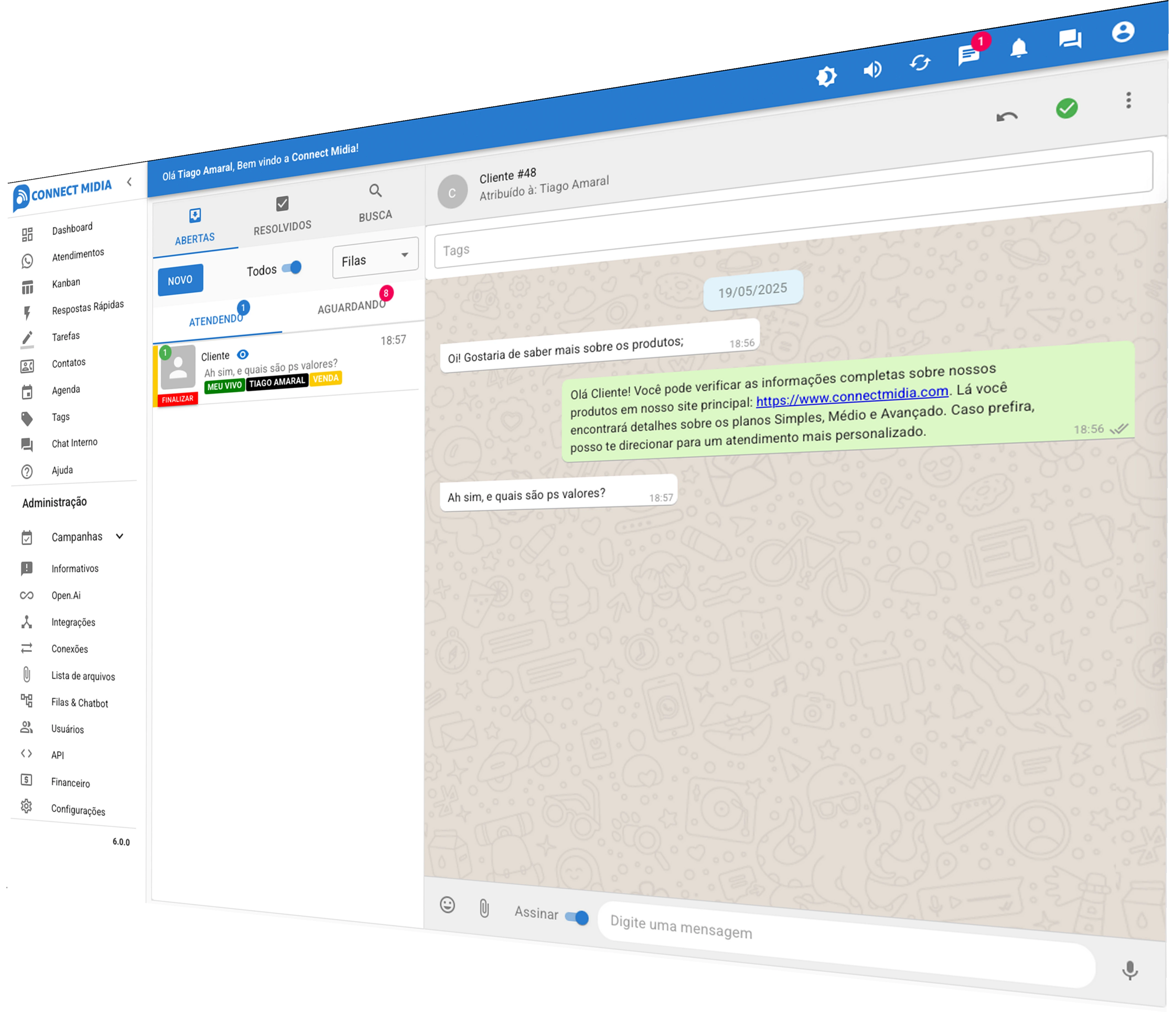 Produto ConnectMidia - Automação de atendimento por Whatsapp